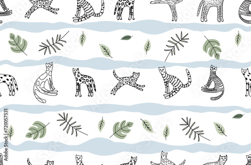 Wallpaper Mural Cat outline seamless vector pattern on blue waves. Torontodigital.ca