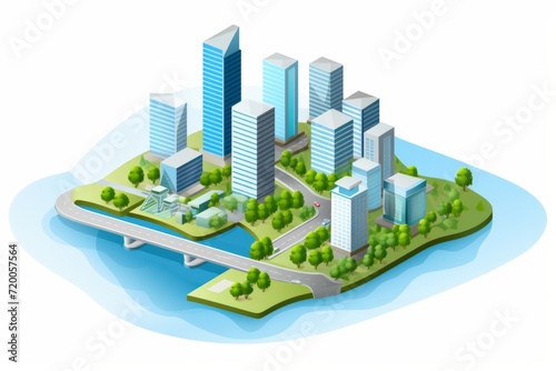 Isometric Vector Art Sprite Sheet, Showcasing a Serene River Flowing Through the City, on an Isolated White Surface, Generative AI