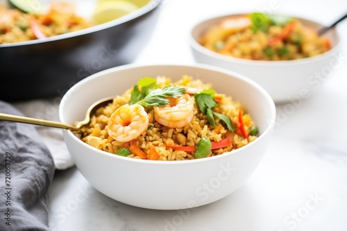 shrimp fried rice in a white bowl with spoon
