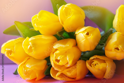 Bouquet of yellow tulips. Gift card for holiday  Valentine s  International Women s and Mother s Day  March 8. Copy space