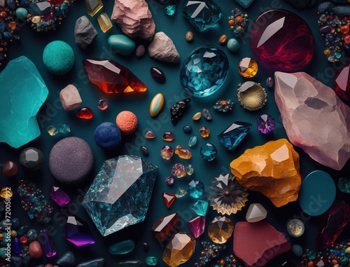 Beautiful collection of crystals and gemstones and minerals on a dark background. Luxury background, stone quartz, glass prism, amber, agate, carnelian, amethyst, nuggets. AI generated.