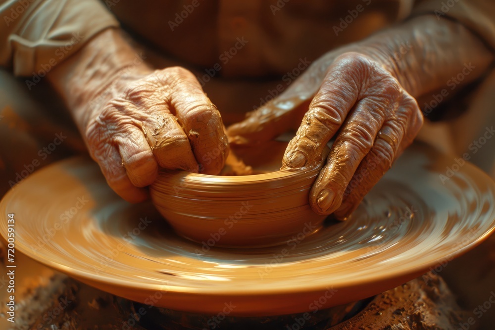 hands of a potter at work. hands crafting a handmade pot, studio setting with natural light . 