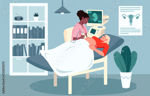 Pregnant woman in maternity clinic. Doctor conducts ultrasound examination. Nurse provide hospital care. Woman a lying in bed. Professional women consultation. Flat Vector illustration