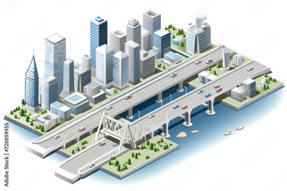 Isometric Vector Art Sprite Sheet, Showcasing Elevated Views of the Cityscape with Bridges and Waterways, on a Clean White Surface, Generative AI