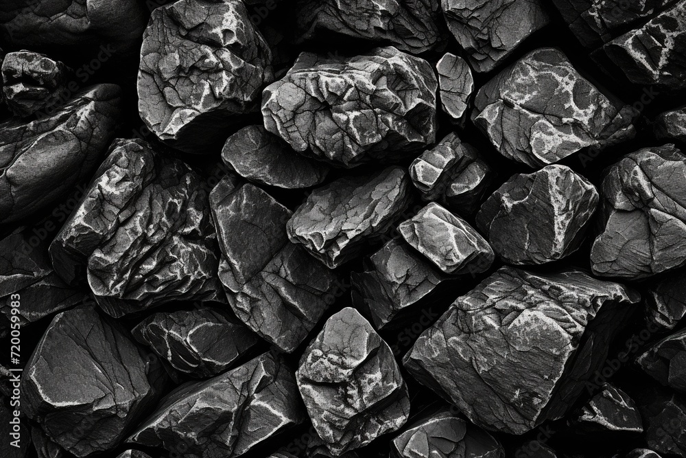 Black and white background, texture of large stones, coal.