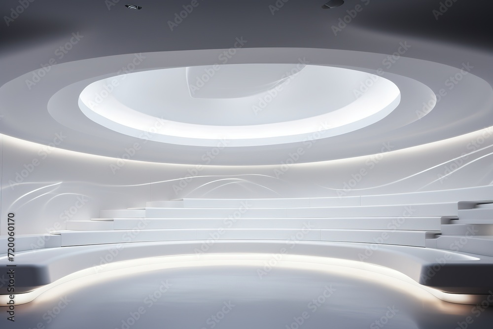 Obraz premium White futuristic architecture. Brightly lit large airy hall, gallery, corridor, fantastic airport terminal. Round minimalistic freeform, organic design. Smooth curves of lines, conceptual building.