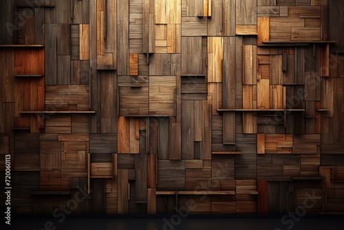 Wood panel wall, unique design with square cube elements. Beautiful wavy texture of the boards. Abstract background. photo