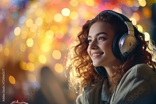 A young girl with stereophonic headphones. Romantic happy face. Multicolored abstract patterns and shapes on the background, illusion of a dream.