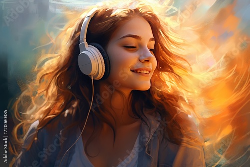 A young girl with stereophonic headphones. Romantic happy face. Multicolored abstract patterns and shapes on the background, illusion of a dream.