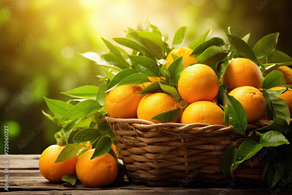 Harvest ripe oranges in a wicker basket on a wooden table with natural bokeh background. Citrus harvest. Generated by artificial intelligence