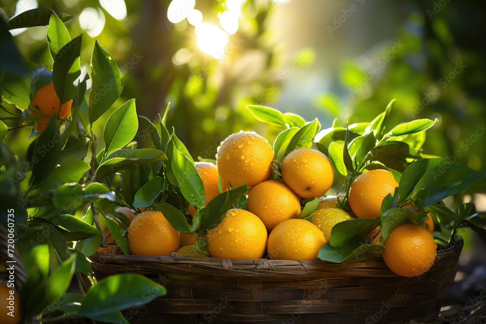 Harvest ripe oranges in a wicker basket on a wooden table with natural bokeh background. Citrus harvest. Generated by artificial intelligence