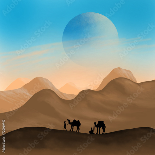 A desert scenery with mountains in the background and a camel caravan as an object with huge fictionalize sun looming over. Perfect picture for phone background image or to decorate your house photo