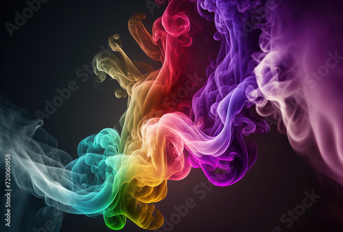 Bubbles of multicolored neon smoke, ink. An explosion, a burst of holi paint. Abstract psychedelic black dark background. 3D rendering. AI generated. © photolas