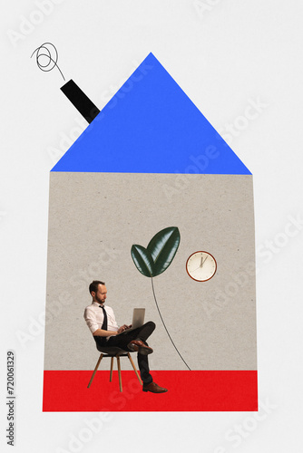 Modern aesthetic artwork. Young man dressed fashion smart casual outfit sitting at home and working online. Inspiration, idea, trendy. Concept of professional occupation, business