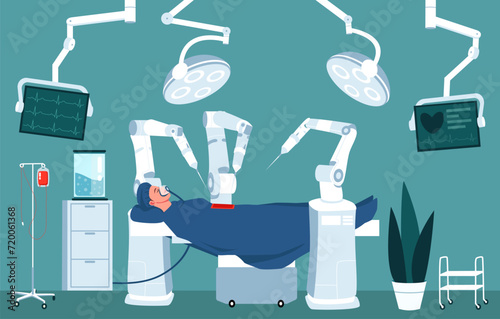 Surgery ward in clinic. Automatic robot performs heart surgery. Patient in operating room. Hospital care using mechanical assistance apparatus. Man lying in bed in icu room. Flat Vector illustration