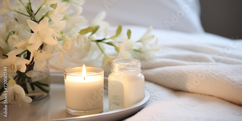Soft Candle Glow on Bed with Fresh White Flowers