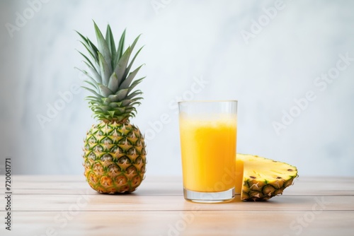 glass filled with juice, whole pineapple behind