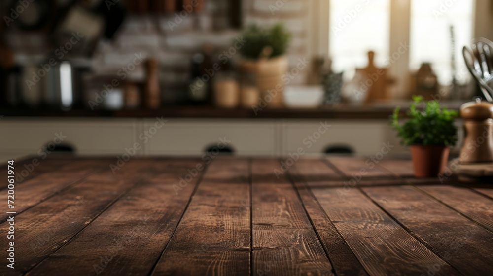 Rustic Elegance: Empty Wooden Table in a Cozy Ambient Setting with Soft Lighting for Product Display