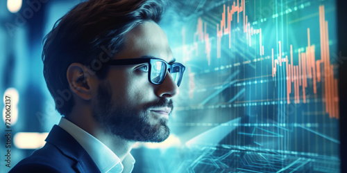 Portrait of a man analyzing financial data. Stock market. Double exposure