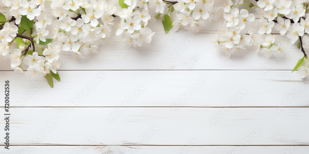 Spring background with white blossoms and white wooden table flooring Spring background with white blossoms and white wooden table flooring