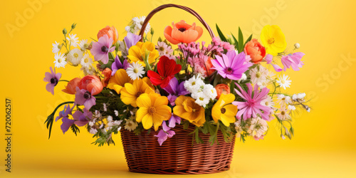 Basket of colourful wildflowers flowers on a yellow spring background © britaseifert