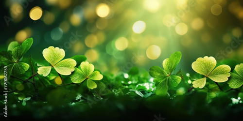 Clower leaves with sparkles and depth of field, St Patrick's day background