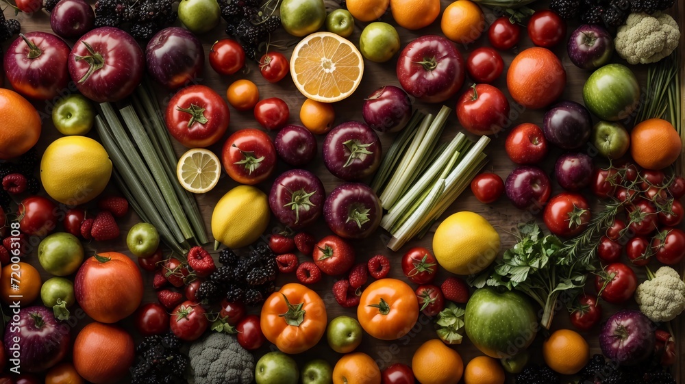 Vegetables and fruits fresh large overhead mix group colorful background assorted in studio Vegetables and fruits fresh large overhead mix group colorful background assorted in studio