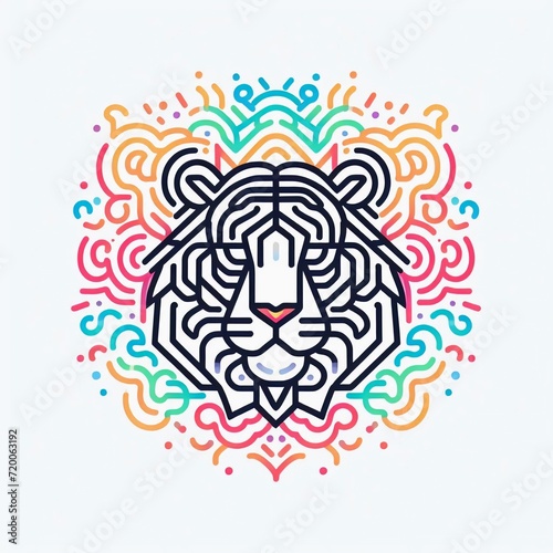 Minimalist neon line logo of a tessellated geometric Tiger surrounded by colorful smoke effects vectorized  symmetrical  white background.