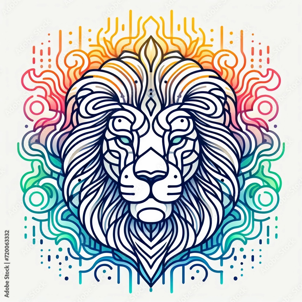 Minimalist neon line logo of a tessellated geometric Tiger surrounded by colorful smoke effects vectorized, symmetrical, white background.