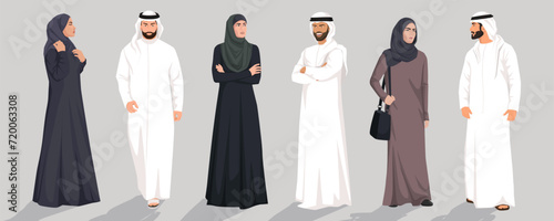 Arabic women and men. Arabian female, male. Traditional clothes of eastern people. White or black hijab. Young muslim lady, handsome person, gorgeous man wearing white hijab. Vector illustration