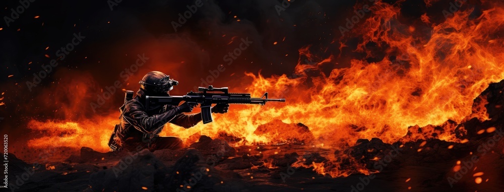 A soldier clad in military camouflage uniform, helmet, and mask, gripping a rifle with focused intent as he takes aim. A soldier clad in military camouflage uniform, helmet, and mask, gripping a rifle with focused intent as he takes aim.