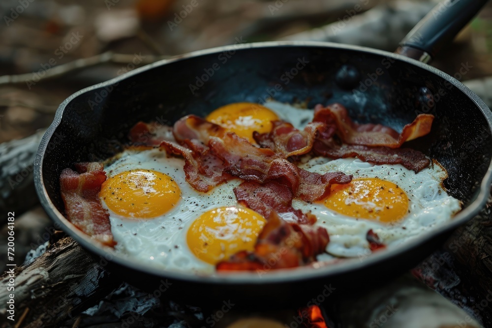 Camping breakfast with bacon and eggs in a cast iron skillet Camping breakfast with bacon and eggs in a cast iron skillet