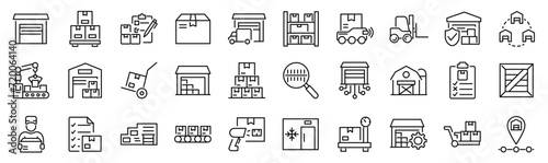 Set of 30 outline icons related to warehouse. Linear icon collection. Editable stroke. Vector illustration