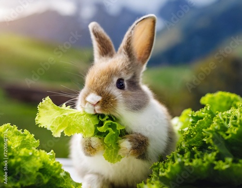 A close-up of a cute bunny munching on a lettuce leaf, adding a touch of healthy Easter fun.