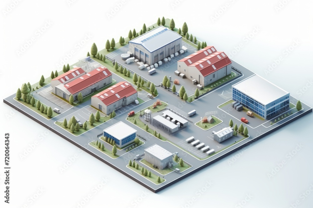 Isometric View Industrial Park with Small Factories and Workshops, Against a White Canvas, Generative AI