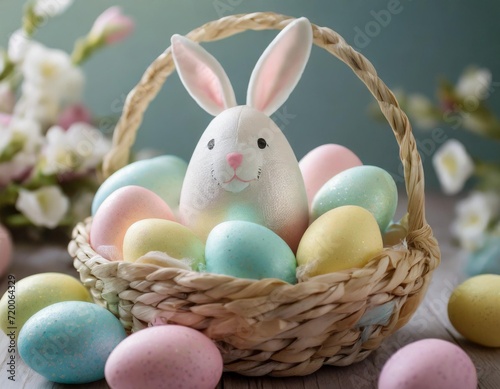A close-up of a bunny-shaped Easter egg surrounded by vibrant pastel-colored eggs in a festive basket.