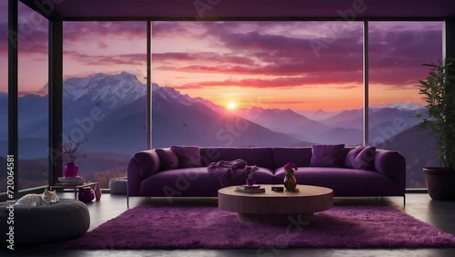 stream overlay loop, virtual background animation, cozy purple living room at sunrise scenery, vtuber streamer gaming asset, zoom OBS screen. anime chill hip hop video photo
