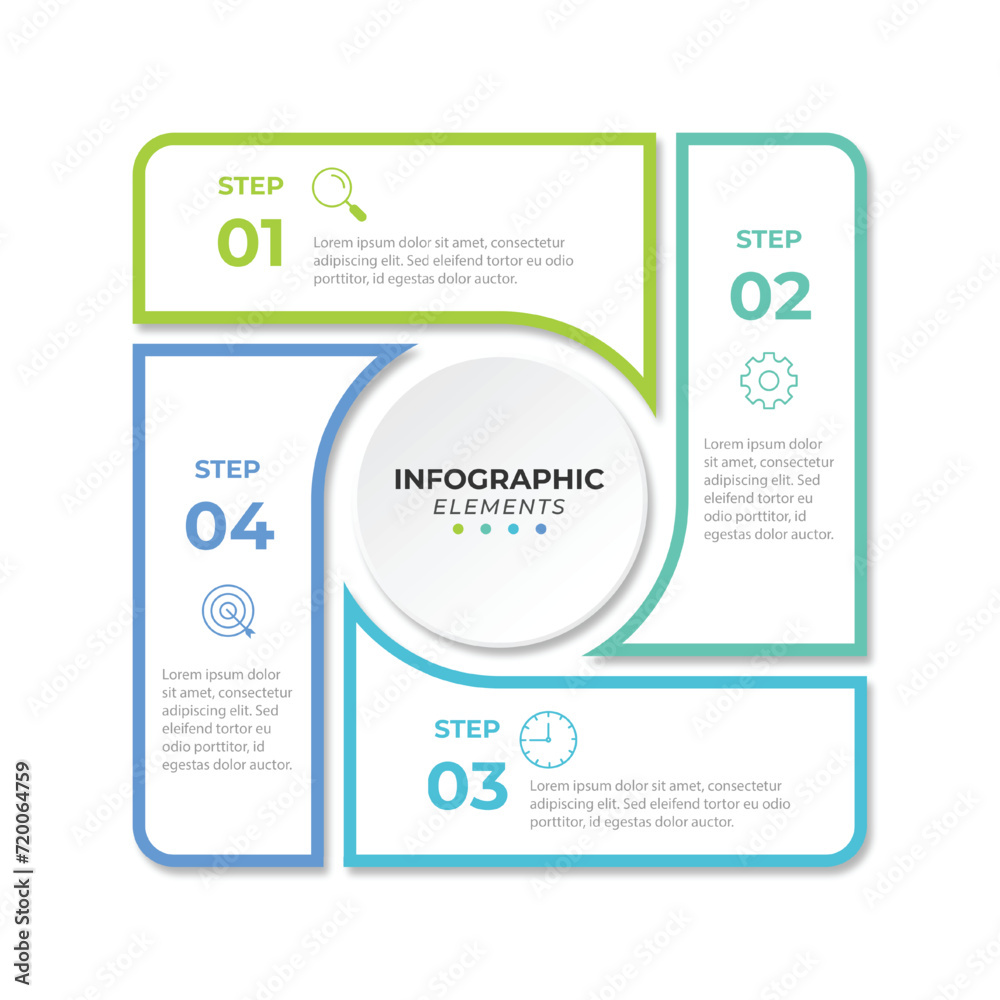 Business infographics. Timeline with 4 steps, options, squares. Vector template.