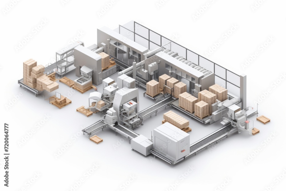 Isometric View Production Facility with Conveyor Belts and Machinery, Against a White Canvas, Generative AI Isometric View Production Facility with Conveyor Belts and Machinery, Against a White Canvas, Generative AI