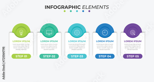 Business infographics. Timeline with 5 steps, options, squares. Vector template.