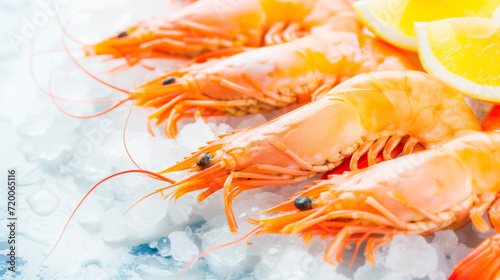 Fresh prawns on ice with lemon slices  seafood delicacy  gourmet cuisine. 