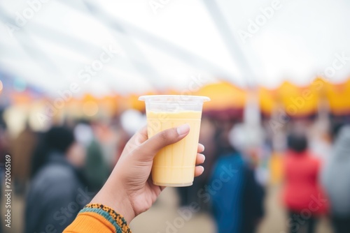 hand holding a disposable cup of mango lassi at a festival