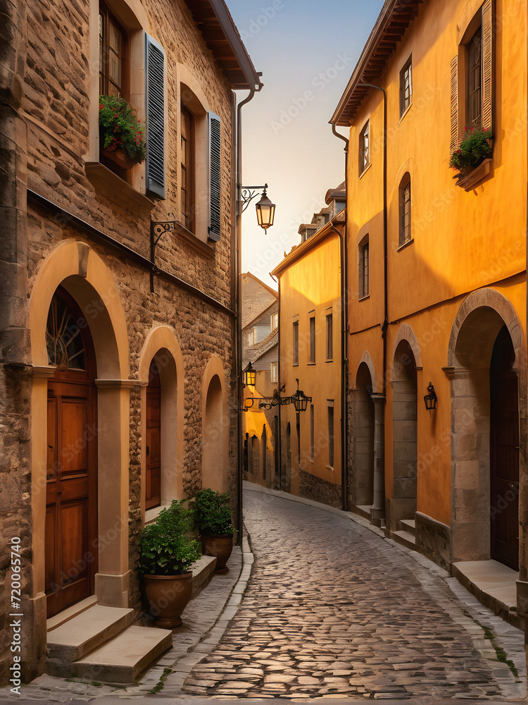 Mystical Twilight: A Romantic Stroll Through Sunset-Lit Cobblestone Alleys in a European Medieval Town. generative A
