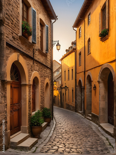 Mystical Twilight: A Romantic Stroll Through Sunset-Lit Cobblestone Alleys in a European Medieval Town. generative A