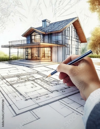 Architect, Engineer or Designer making a Sketch - Colored Schematic Drawing of Property, Product or Real Estate - Concept with Pencils and Inkt.