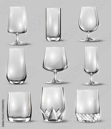 Alcohol glasses set. Transparent empty realistic mockup stemware for different drinks. Vector illustration