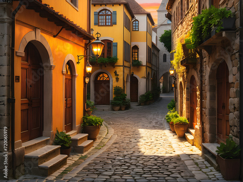 Mystical Twilight  A Romantic Stroll Through Sunset-Lit Cobblestone Alleys in a European Medieval Town. generative A