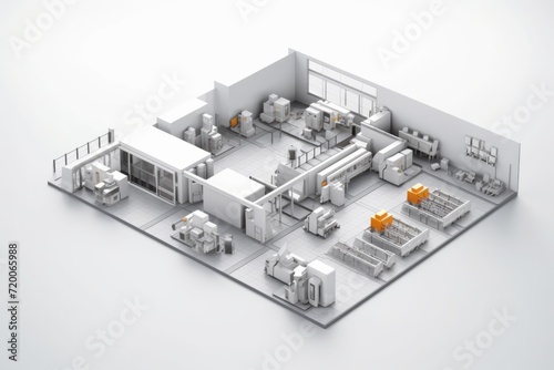 Isometric View Production Hall with Industrial Equipment, Against a Clean White Canvas, Generative AI