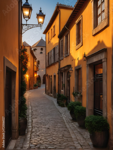 Mystical Twilight: A Romantic Stroll Through Sunset-Lit Cobblestone Alleys in a European Medieval Town. generative A