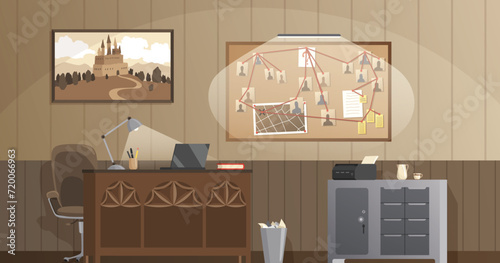 Detective office interior. Crime and criminal evidence. Wall board, wits and deduction system. Vector flat style cartoon illustration isolated on white background